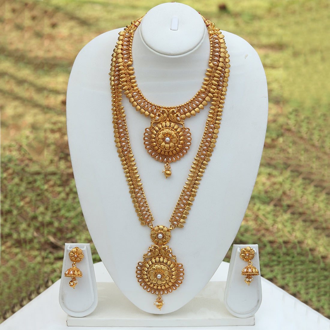 Amazing Bridal Look Gold Plated Long Haram Wedding Necklace with Jhumki Earring Set
