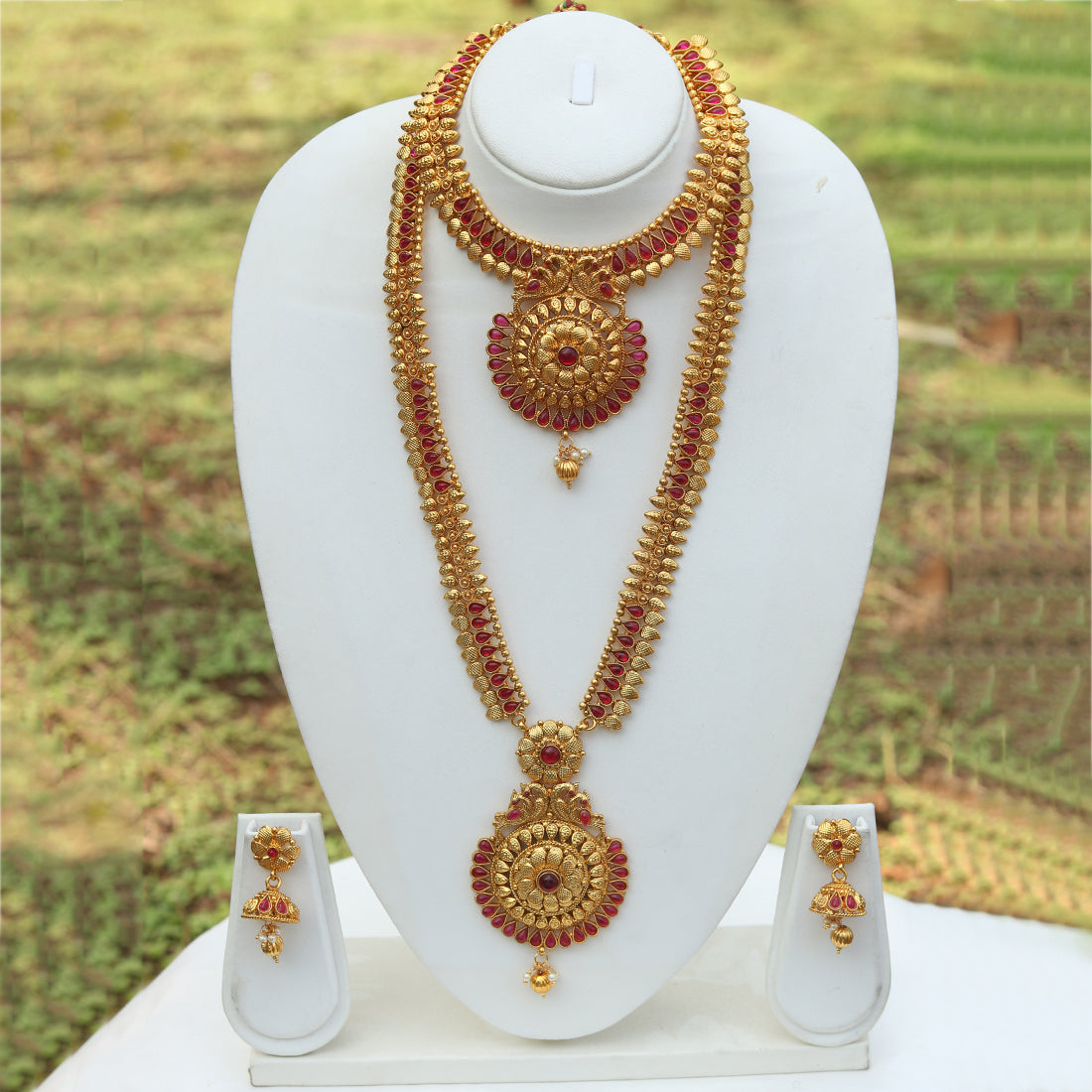 Amazing Bridal Look Gold Plated Long Haram Wedding Necklace with Jhumki Earring Set