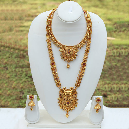 Amazing Semi Bridal Gold Plated Long Haram Wedding Necklace with Jhumki Earring Set