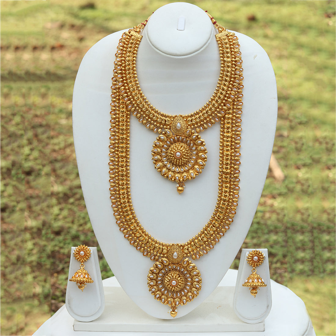 Amazing Bridal Gold Plated Long Haram Wedding Necklace with Jhumki Earring Set