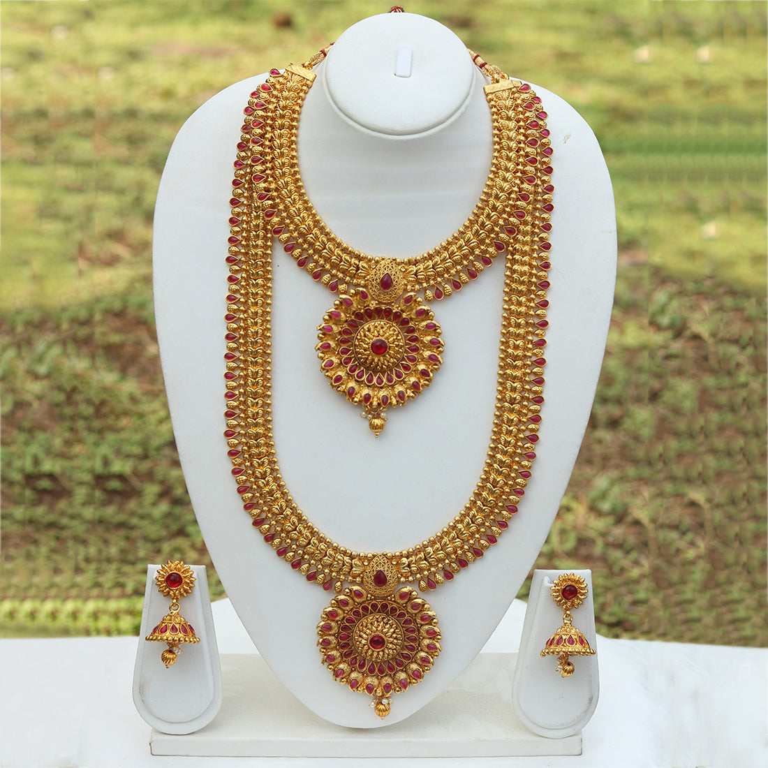 Amazing Bridal Gold Plated Long Haram Wedding Necklace with Jhumki Earring Set