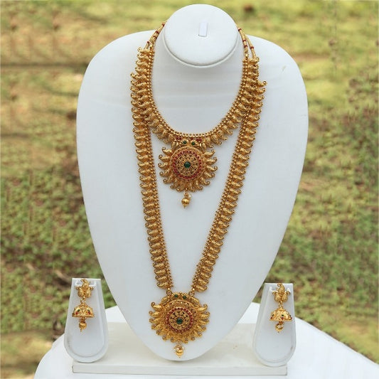 Bridal Gold Plated Long Haram Wedding Necklace with Jhumki Earring Set