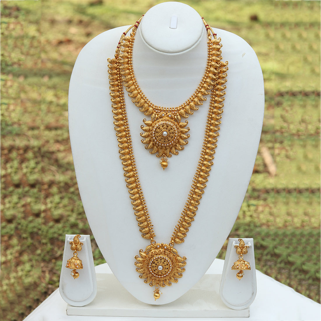 Bridal Gold Plated Long Haram Wedding Necklace with Jhumki Earring Set