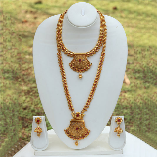Amazing Gold Plated Long Haram Wedding Necklace with Jhumki Earring Set