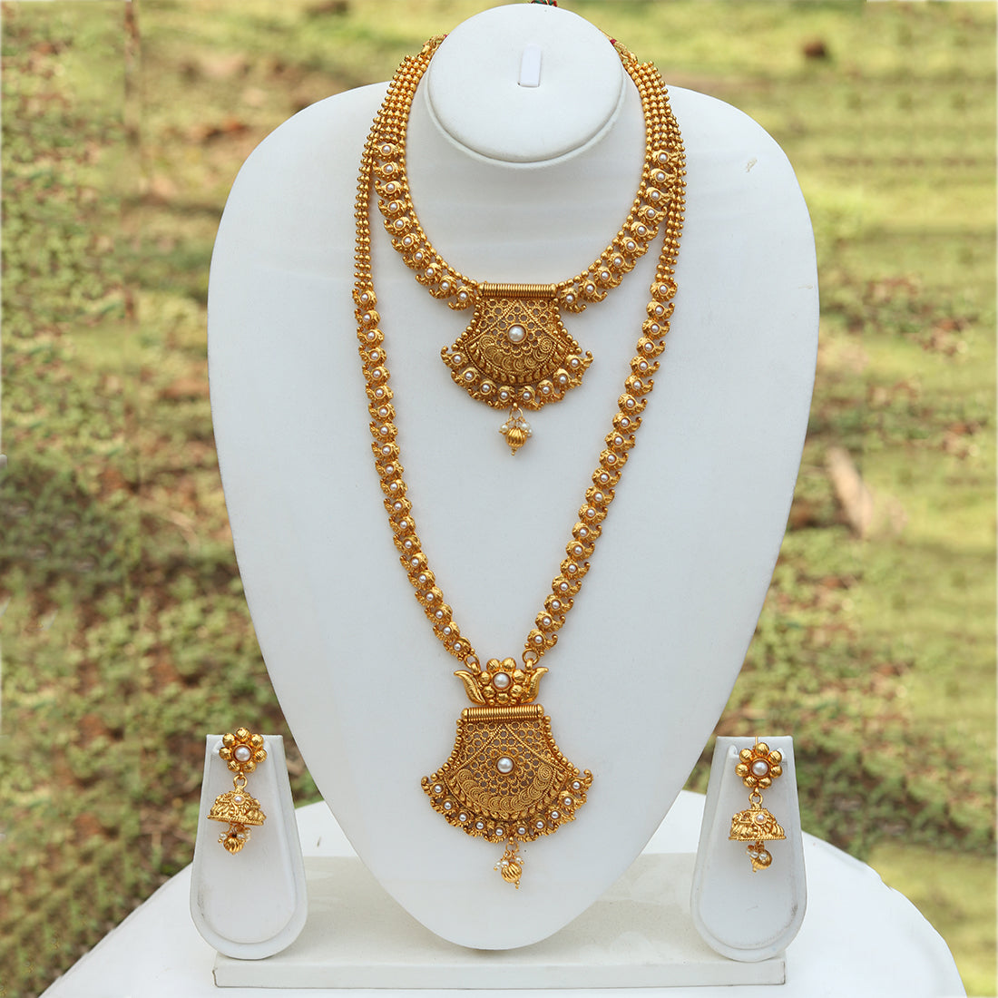 Amazing Gold Plated Long Haram Wedding Necklace with Jhumki Earring Set