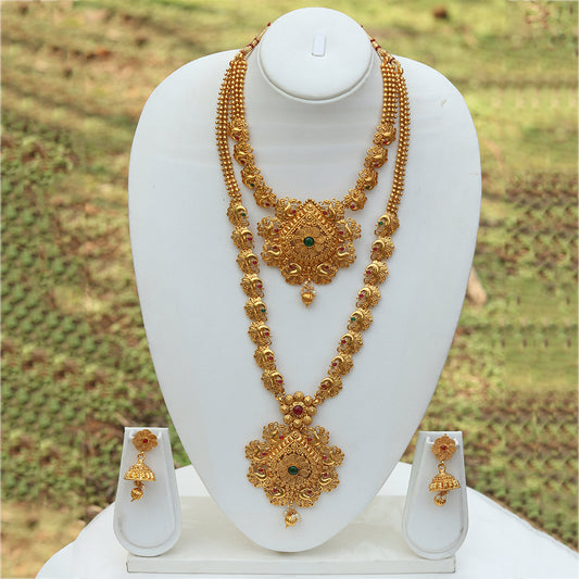 Beautiful Gold Plated Long Haram Wedding Necklace with Jhumki Earring Set