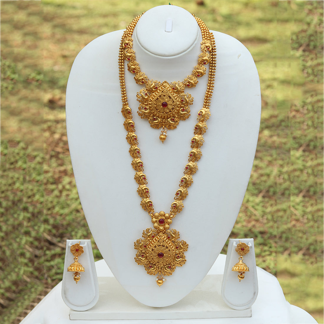 Beautiful Gold Plated Long Haram Wedding Necklace with Jhumki Earring Set
