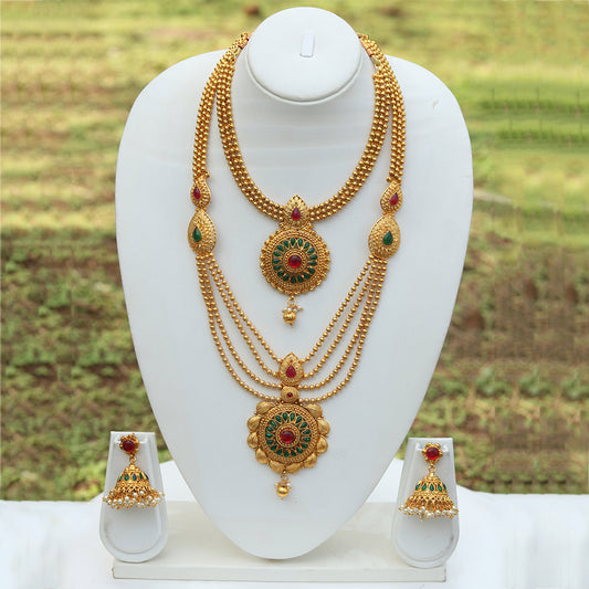 Gold Plated Long Haram Wedding Necklace with Jhumki Earring Set