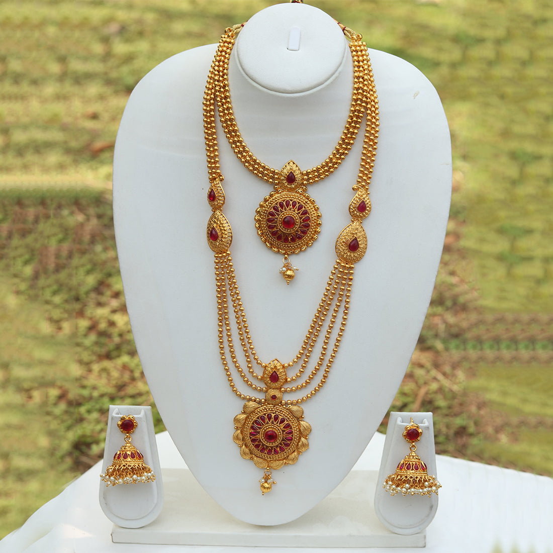 Gold Plated Long Haram Wedding Necklace with Jhumki Earring Set