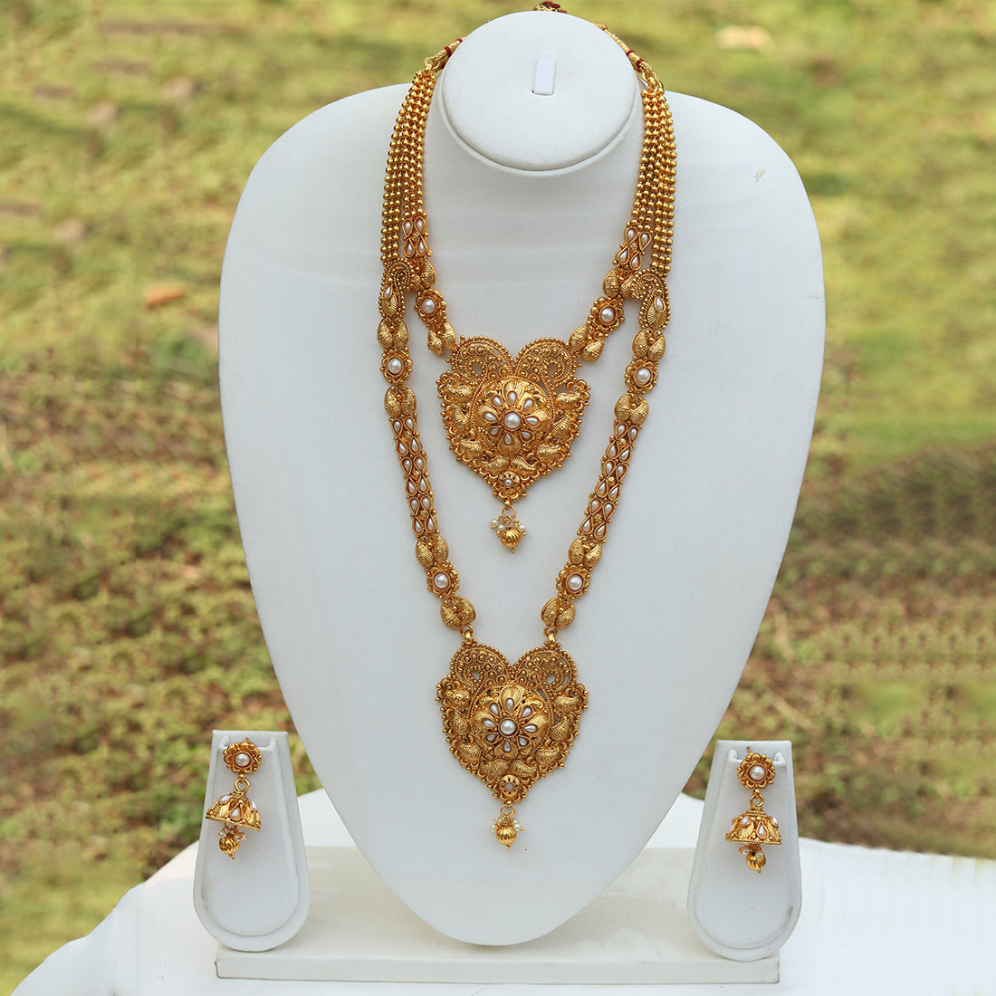 Beautiful Antique Gold Plated Mangalsutra Style Haram Wedding Necklace with Jhumki Earring Set