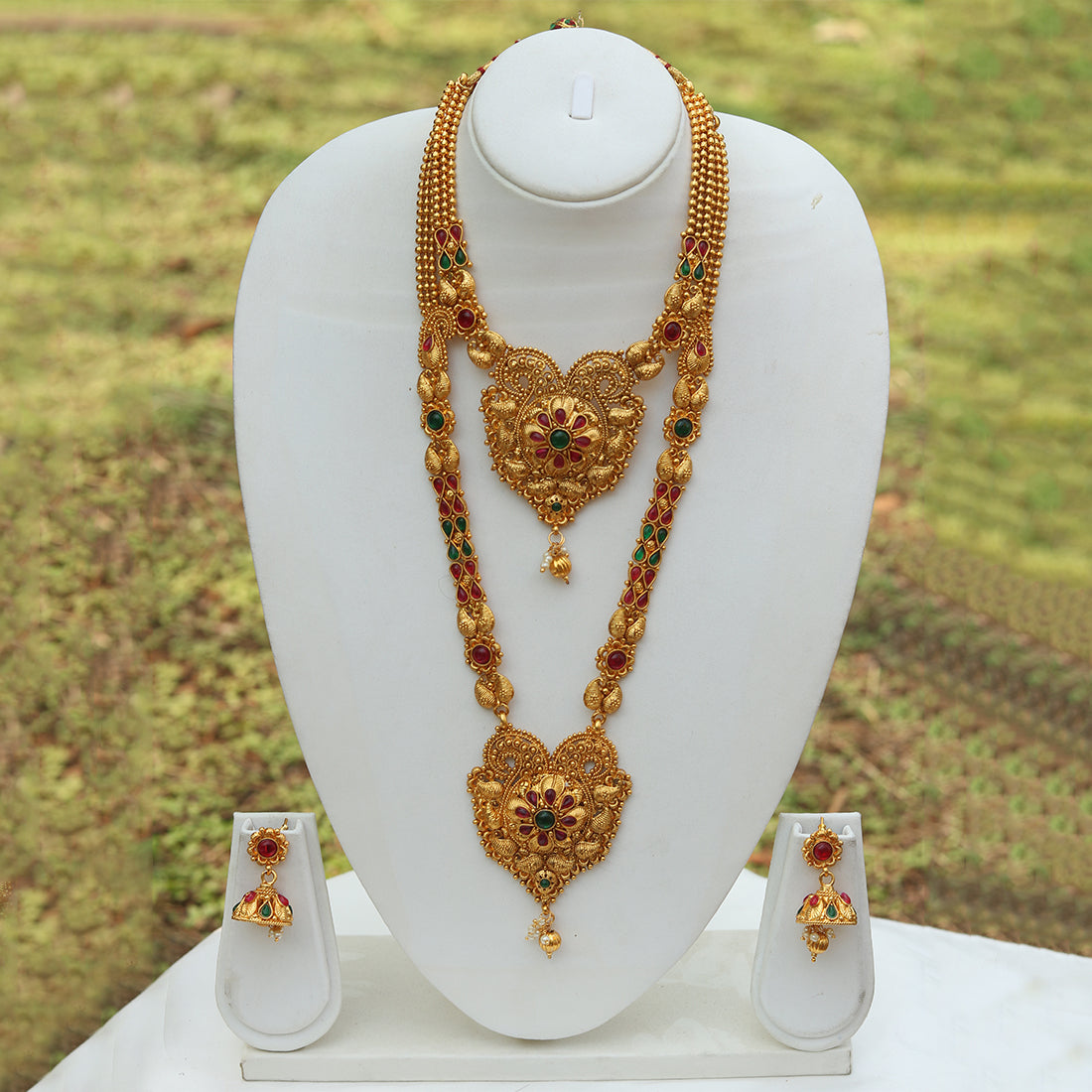 Beautiful Antique Gold Plated Mangalsutra Style Haram Wedding Necklace with Jhumki Earring Set