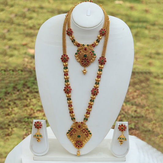Beautiful Antique Gold Plated Design Haram Wedding Necklace with Jhumki Earring Set