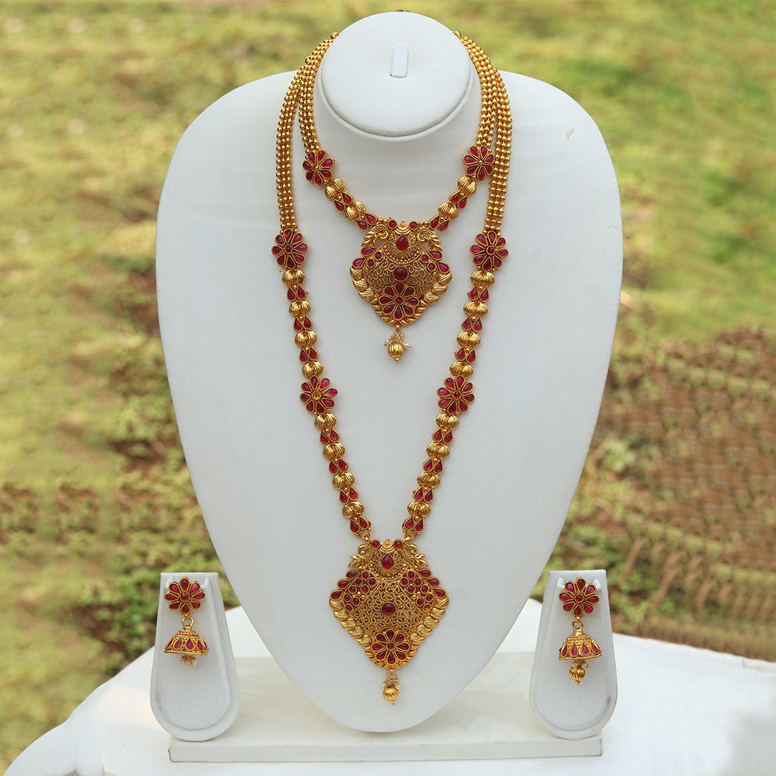 Beautiful Antique Gold Plated Design Haram Wedding Necklace with Jhumki Earring Set