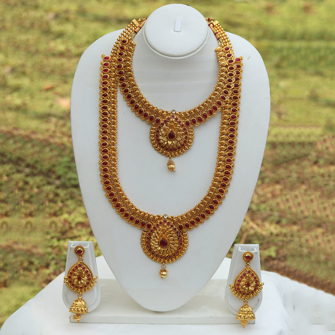 Heavy Antique Gold Plated Design Haram Wedding Necklace with Jhumki Set