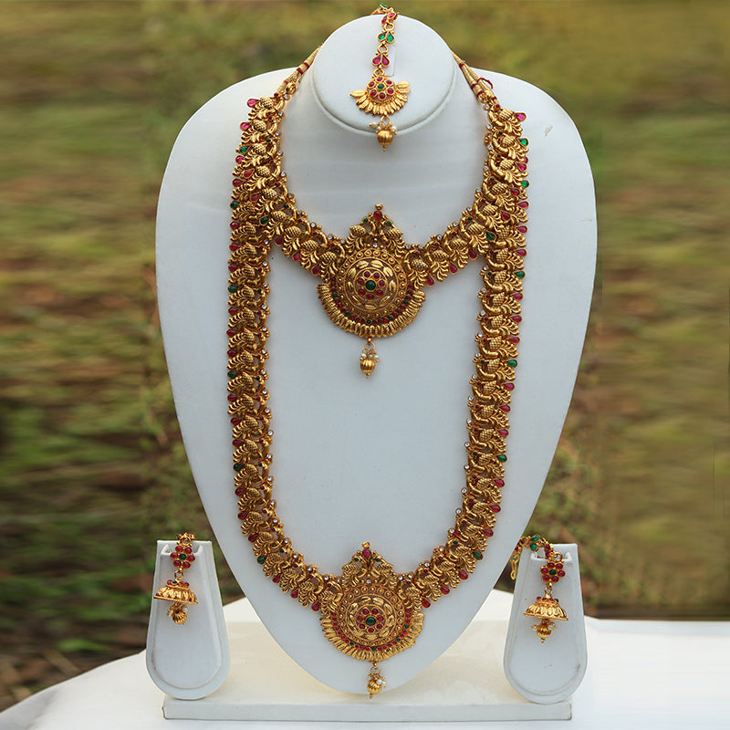 Heavy Antique Gold Plated Peacock Design South Indian Fashion Jewellery Haram Wedding Necklace Set