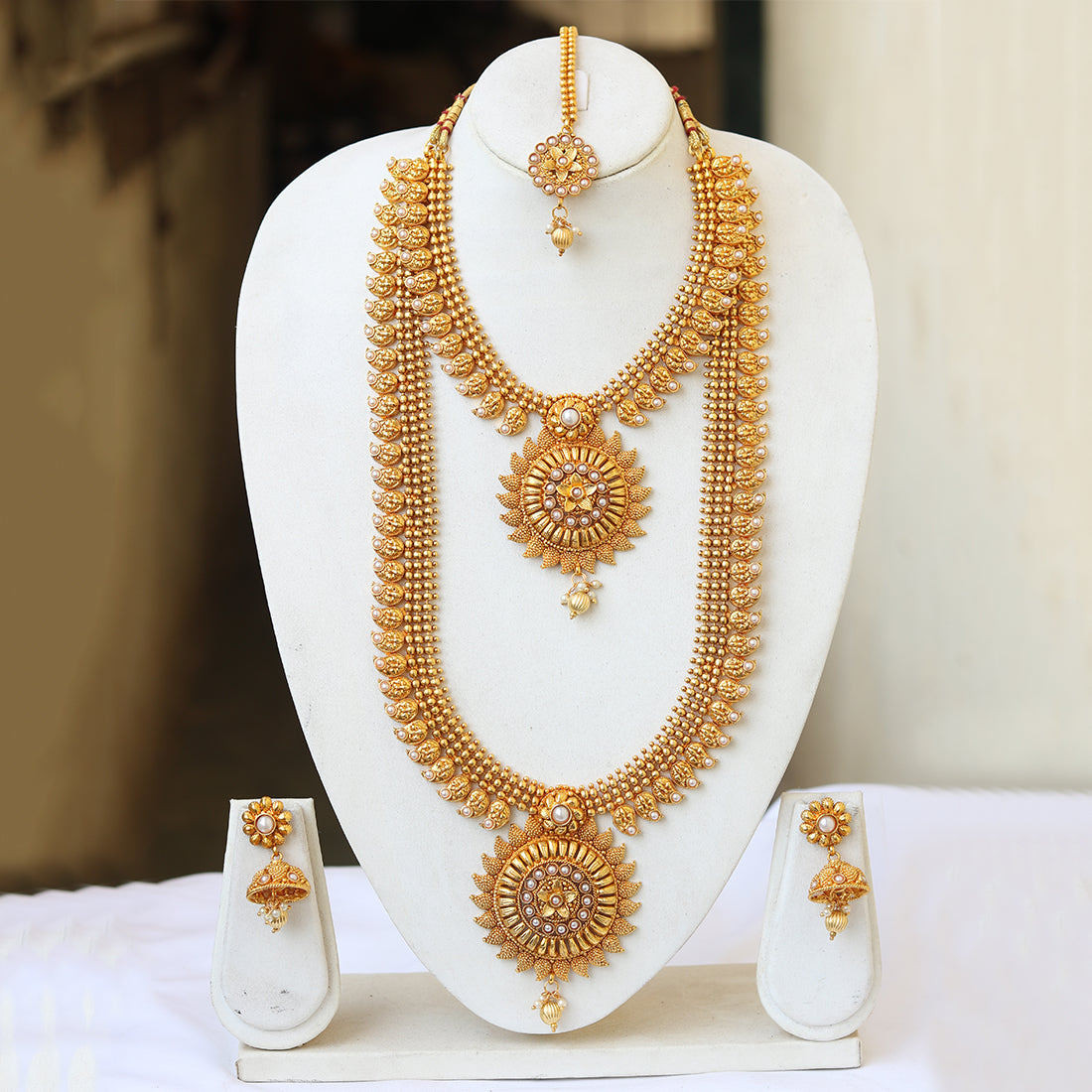 Wedding Gold Plated Haram Semi Baridal Necklace Set