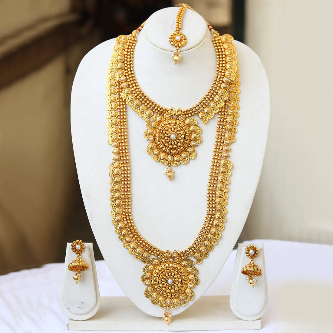 Flower Gold Plated Haram Semi Baridal Necklace Set