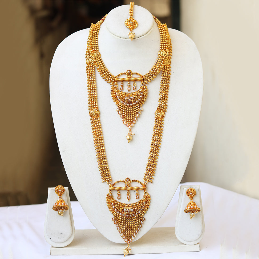Beautiful Gold Plated Haram Semi Baridal Necklace Set