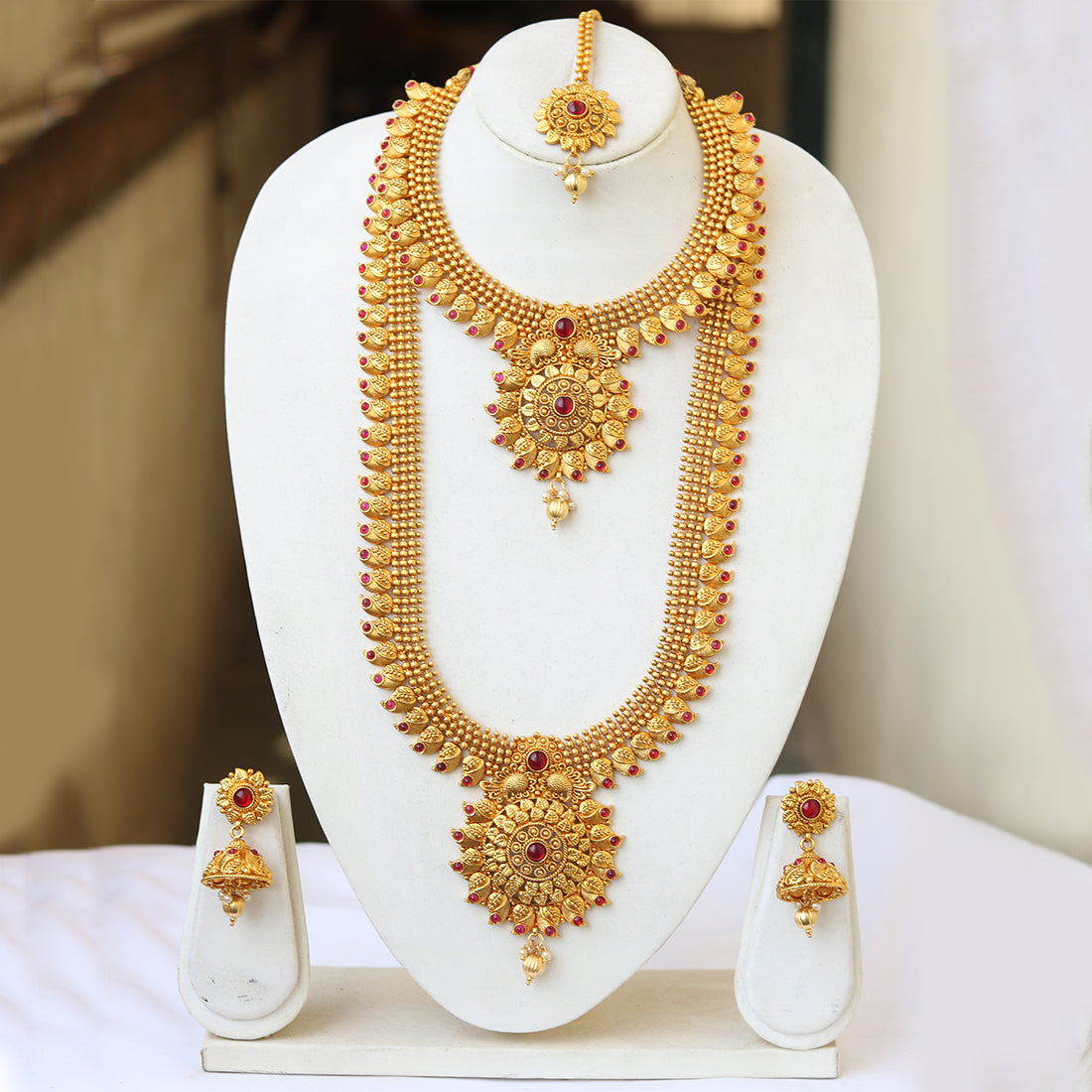 South Indian Peacock Gold Plated Haram Semi Baridal Necklace Set