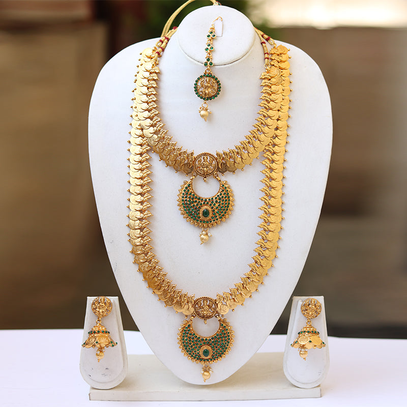 South Indian Laxmi Coin Gold Plated Haram Semi Baridal Necklace Set