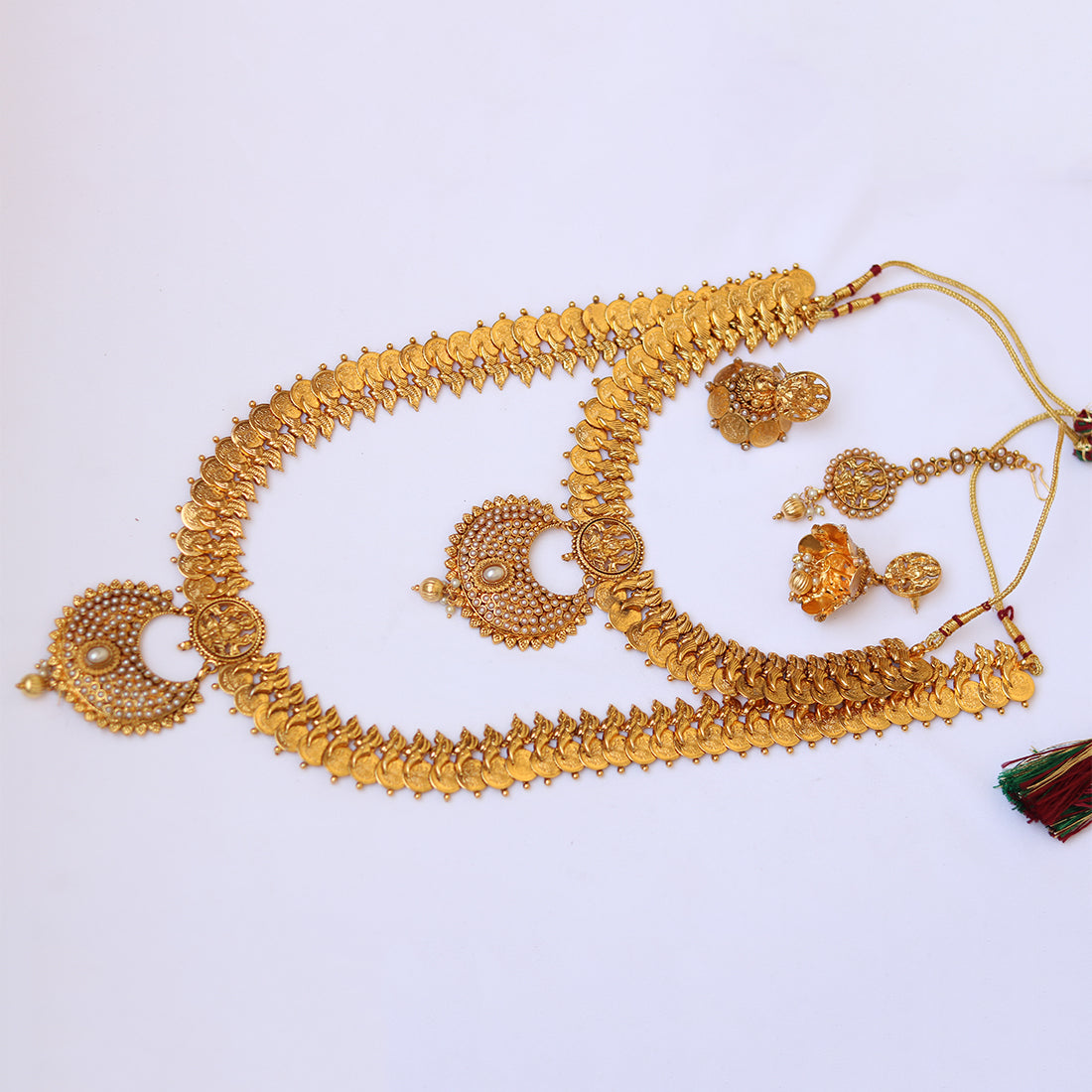 South Indian Laxmi Coin Gold Plated Haram Semi Baridal Necklace Set