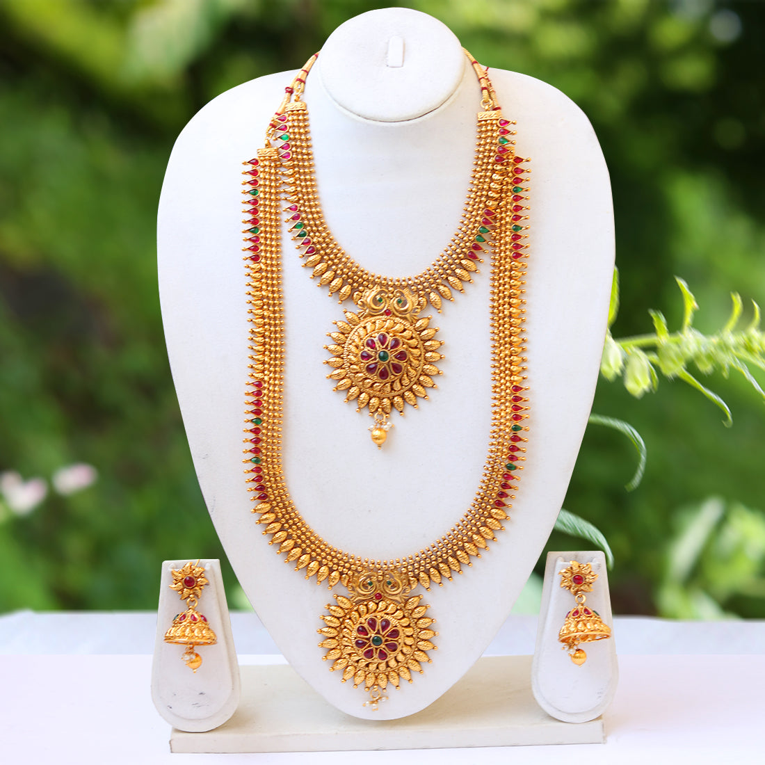 Style South Indian Look Gold Plated Haram Semi Baridal Necklace Set