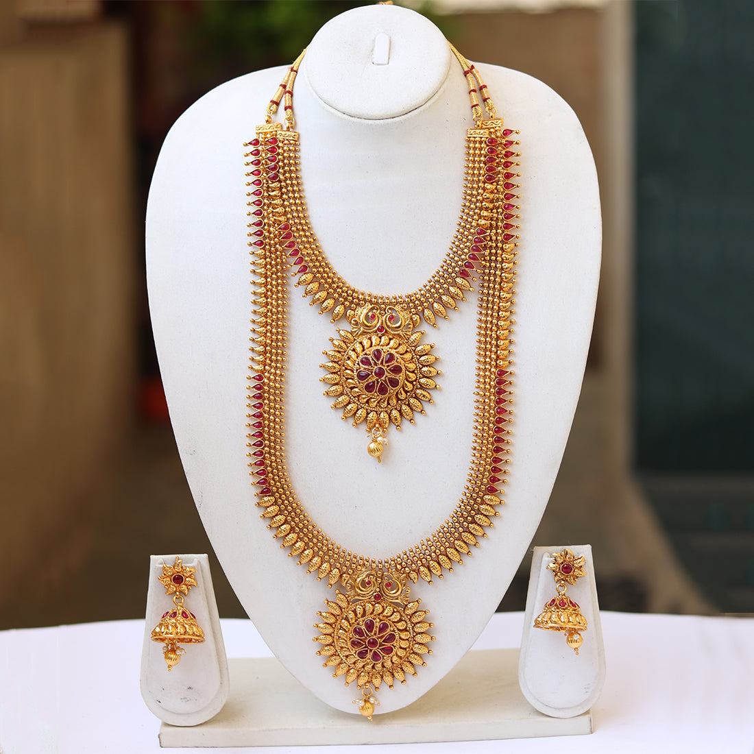 Style South Indian Look Gold Plated Haram Semi Baridal Necklace Set