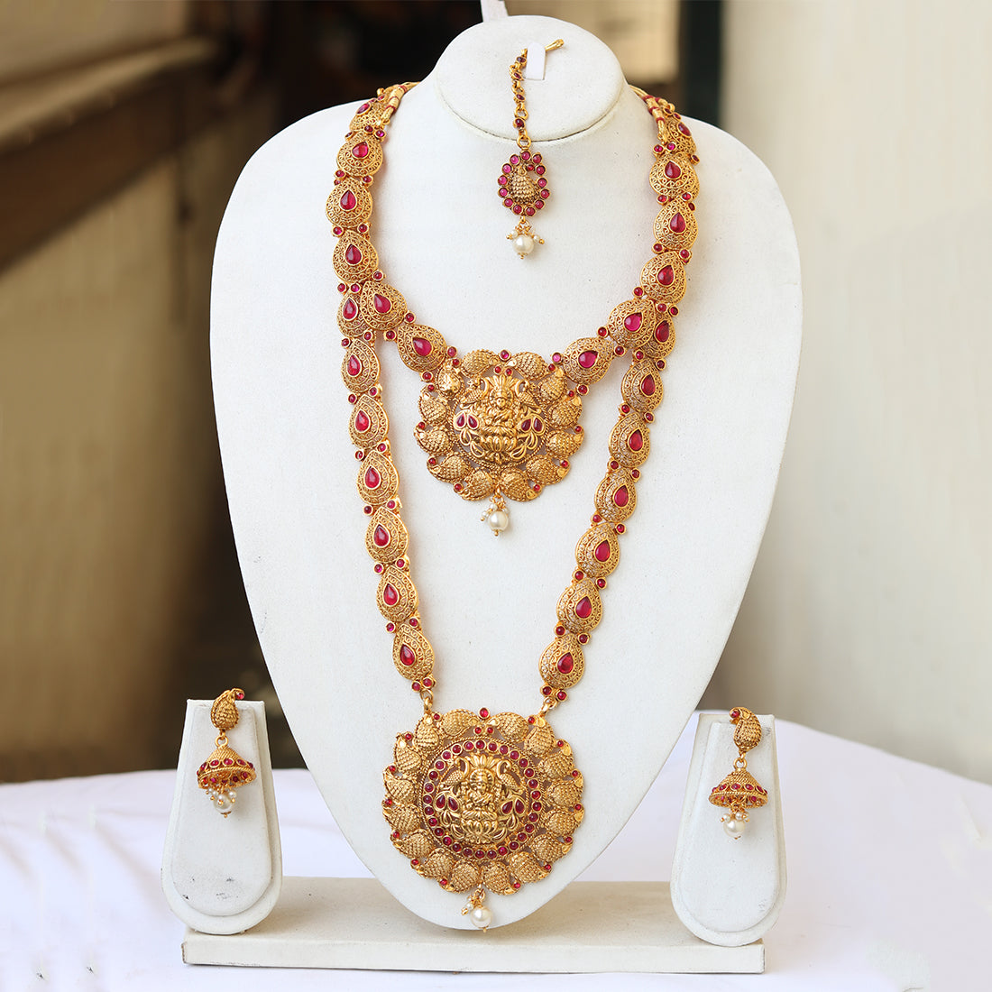 South Indian Laxmi Gold Plated Ruby Haram Necklace Set
