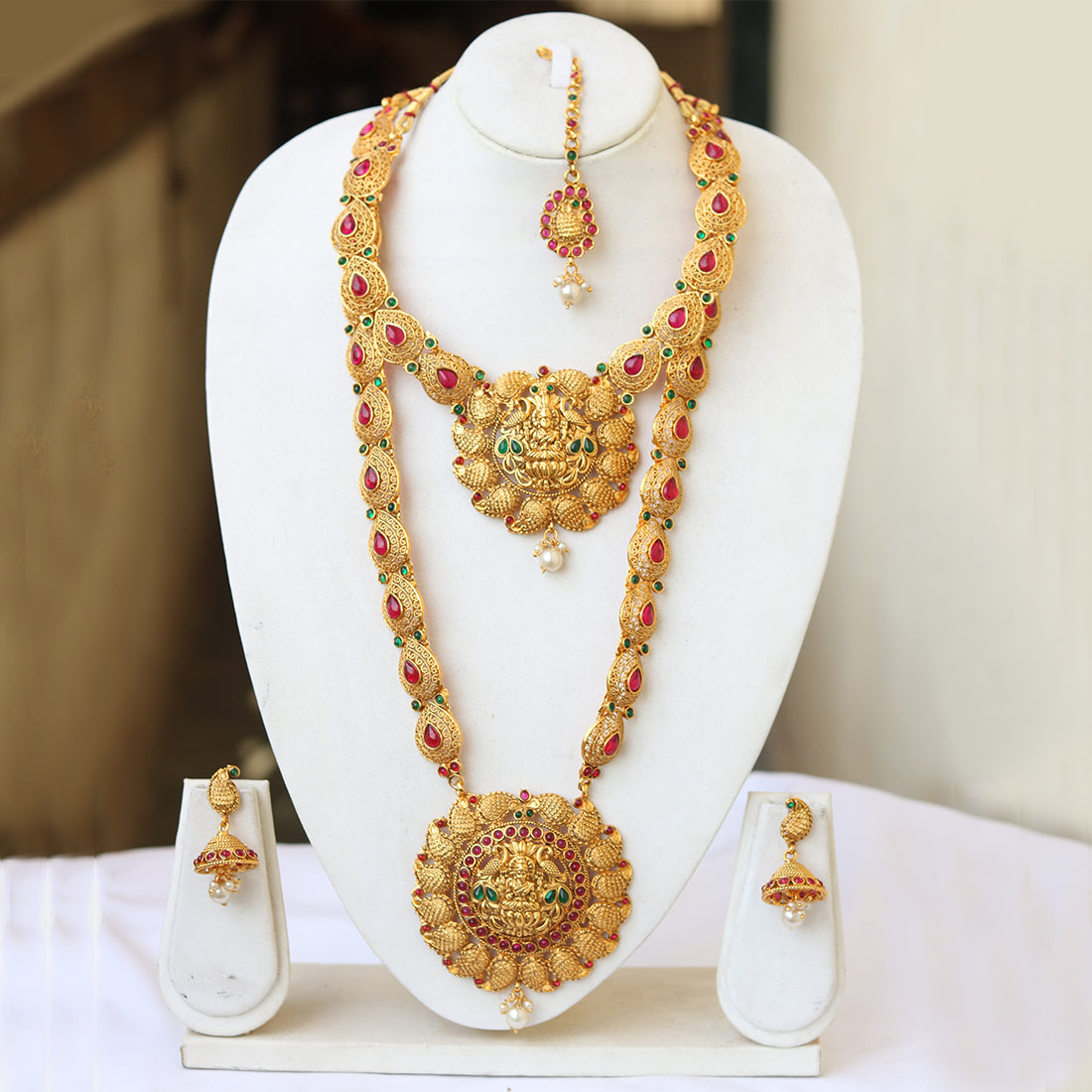 South Indian Laxmi Gold Plated Ruby Haram Necklace Set