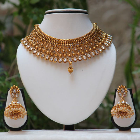 Shiny Golden Color AD Stone Short Choker Necklace Set