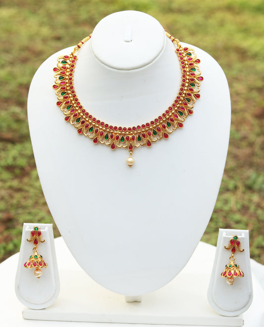 Multicolor Peacock Design Short Necklace Set