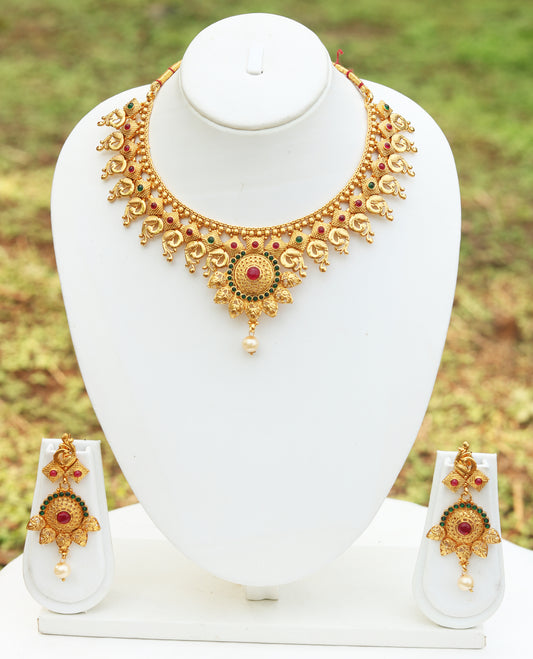 Flashy Green Maroon Color Short Necklace Set