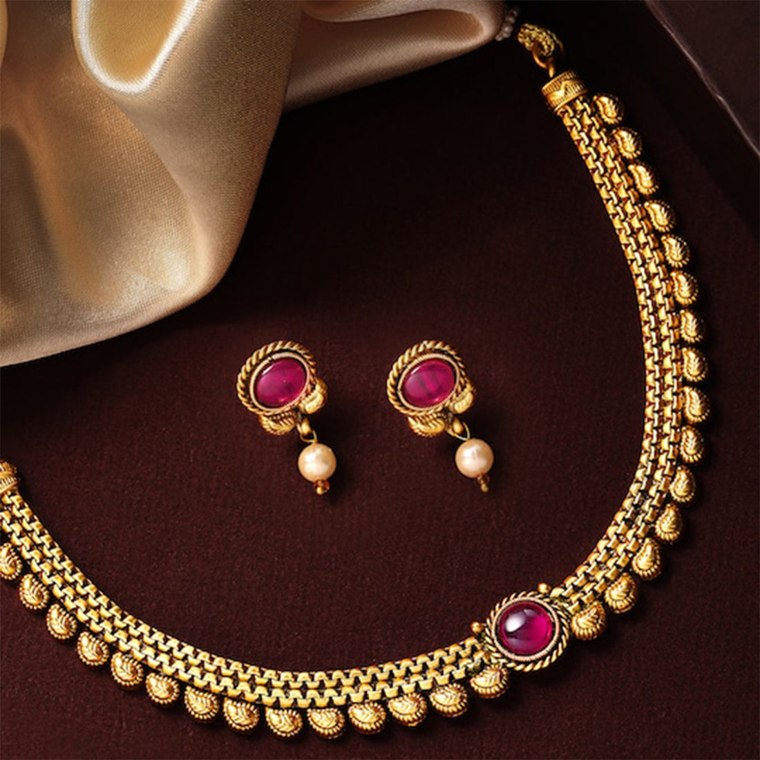 Gold-Plated White & Pink Stone-Studded Handcrafted Jewellery Set