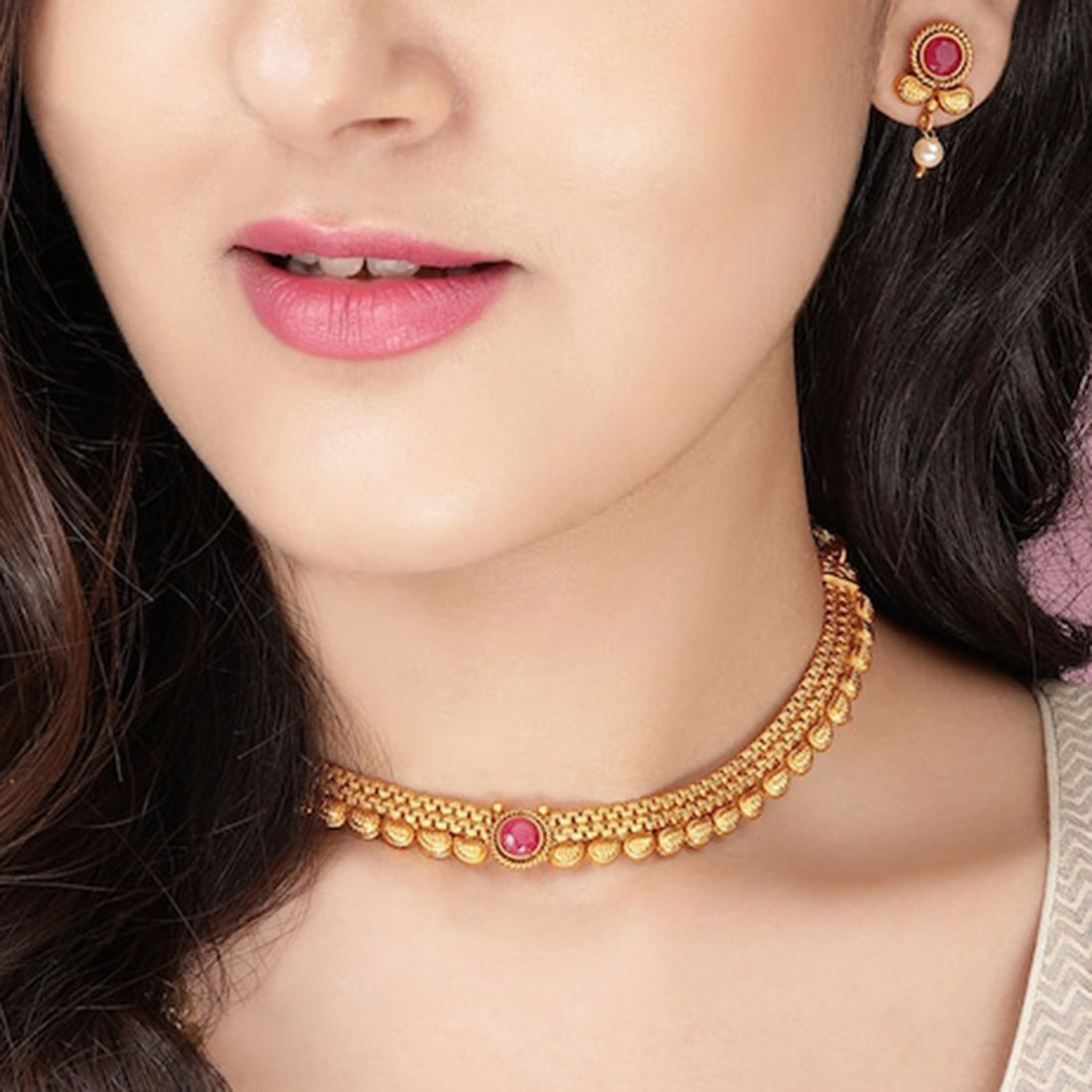 Gold-Plated White & Pink Stone-Studded Handcrafted Jewellery Set