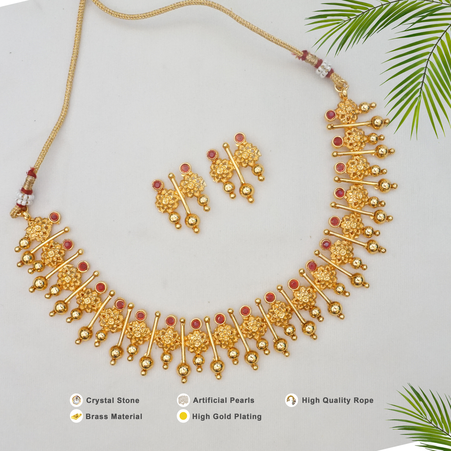 Luxurious Antique Gold Plated Maroon stone Necklace Set