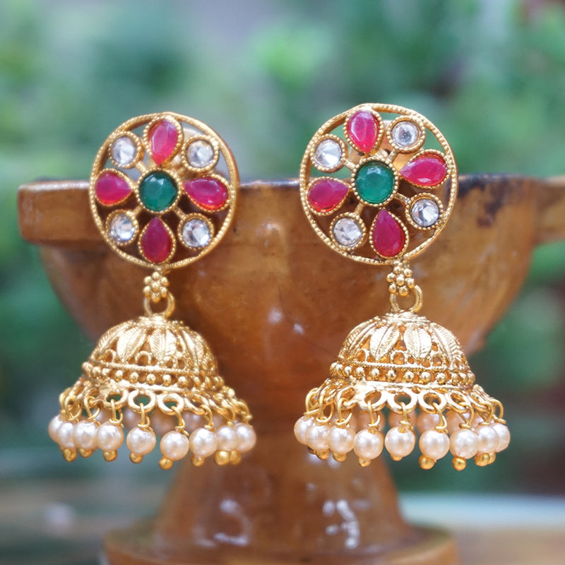 Hanging Gold Plated Green Maroon Traditional Wear Pearl Jhumki Earring
