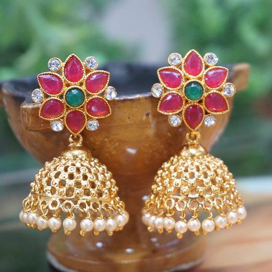 Antique Gold Plated Party Wear Traditional Green Maroon With Pearl Jhumki Earring