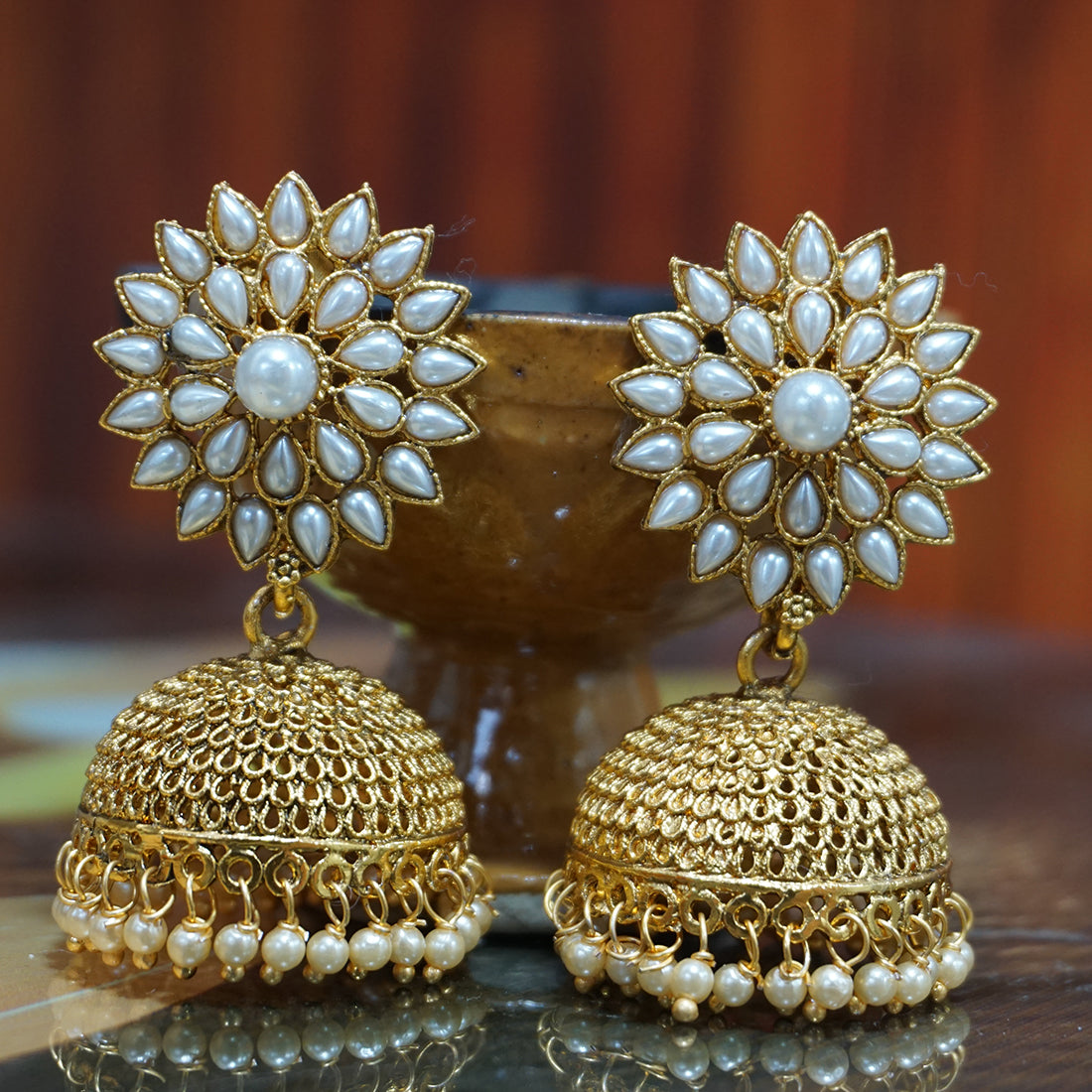 Gold Plated Party Wear Traditional Pearl Jhumki Earrings