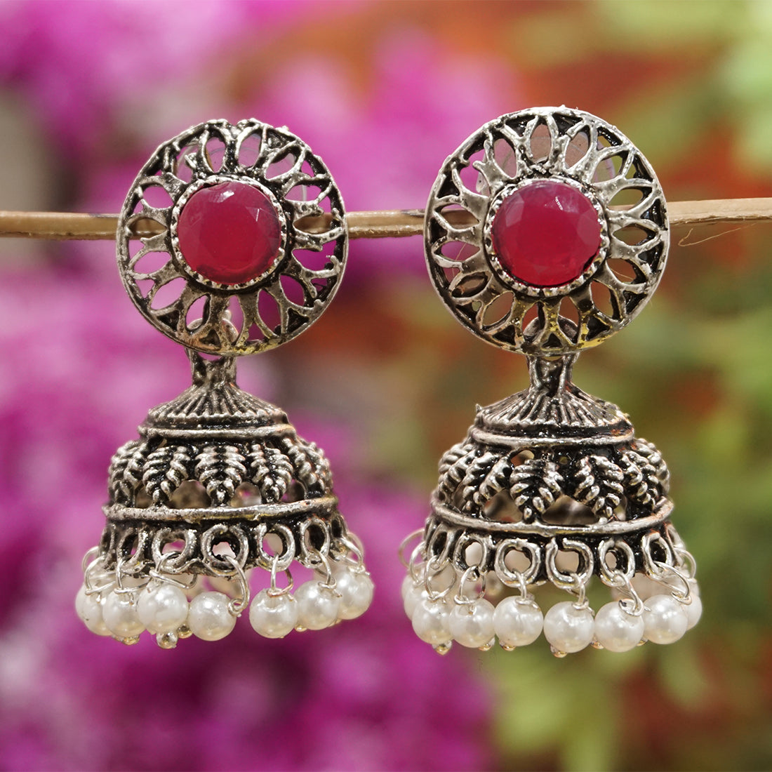 Ruby Color Oxidized Earring