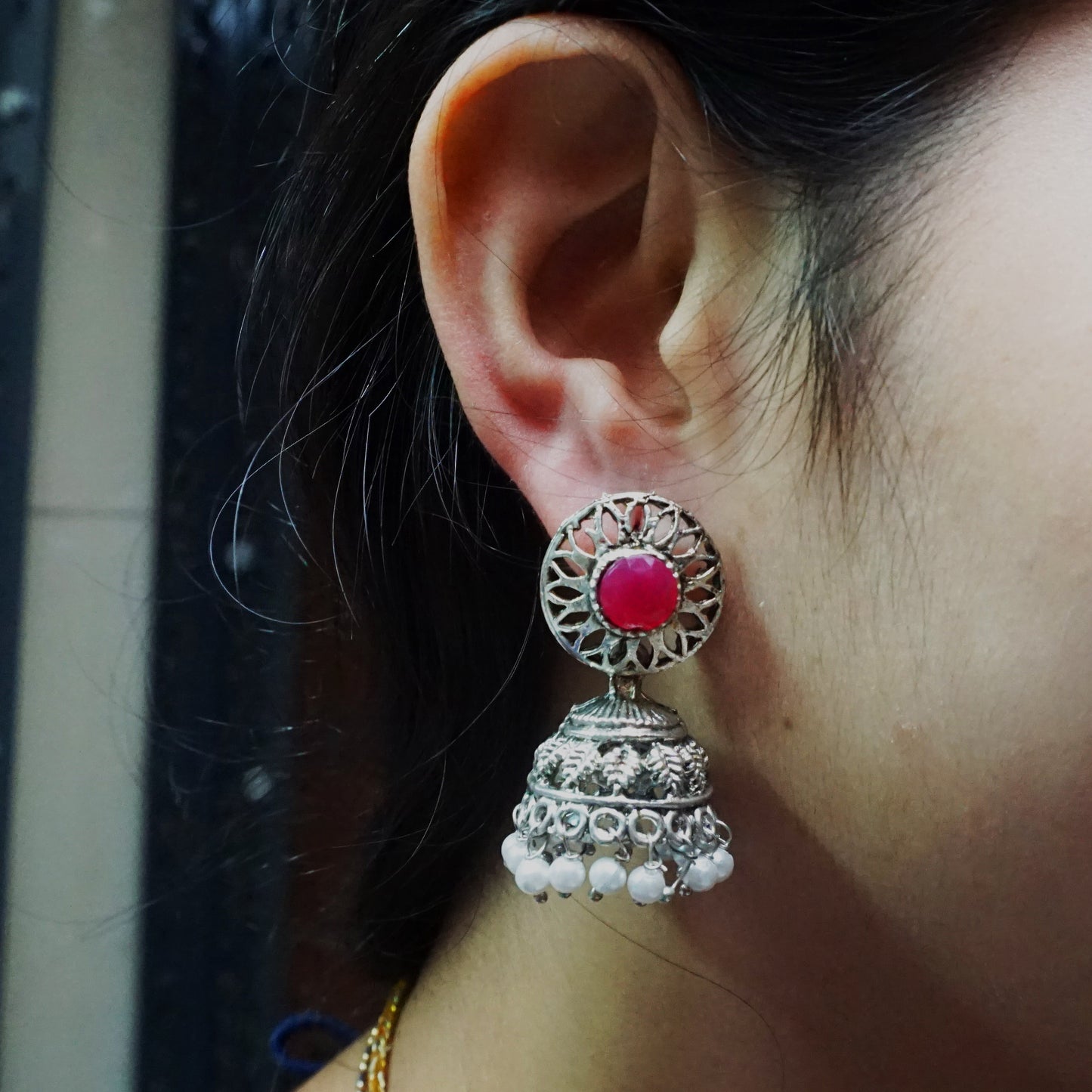 Ruby Color Oxidized Earring