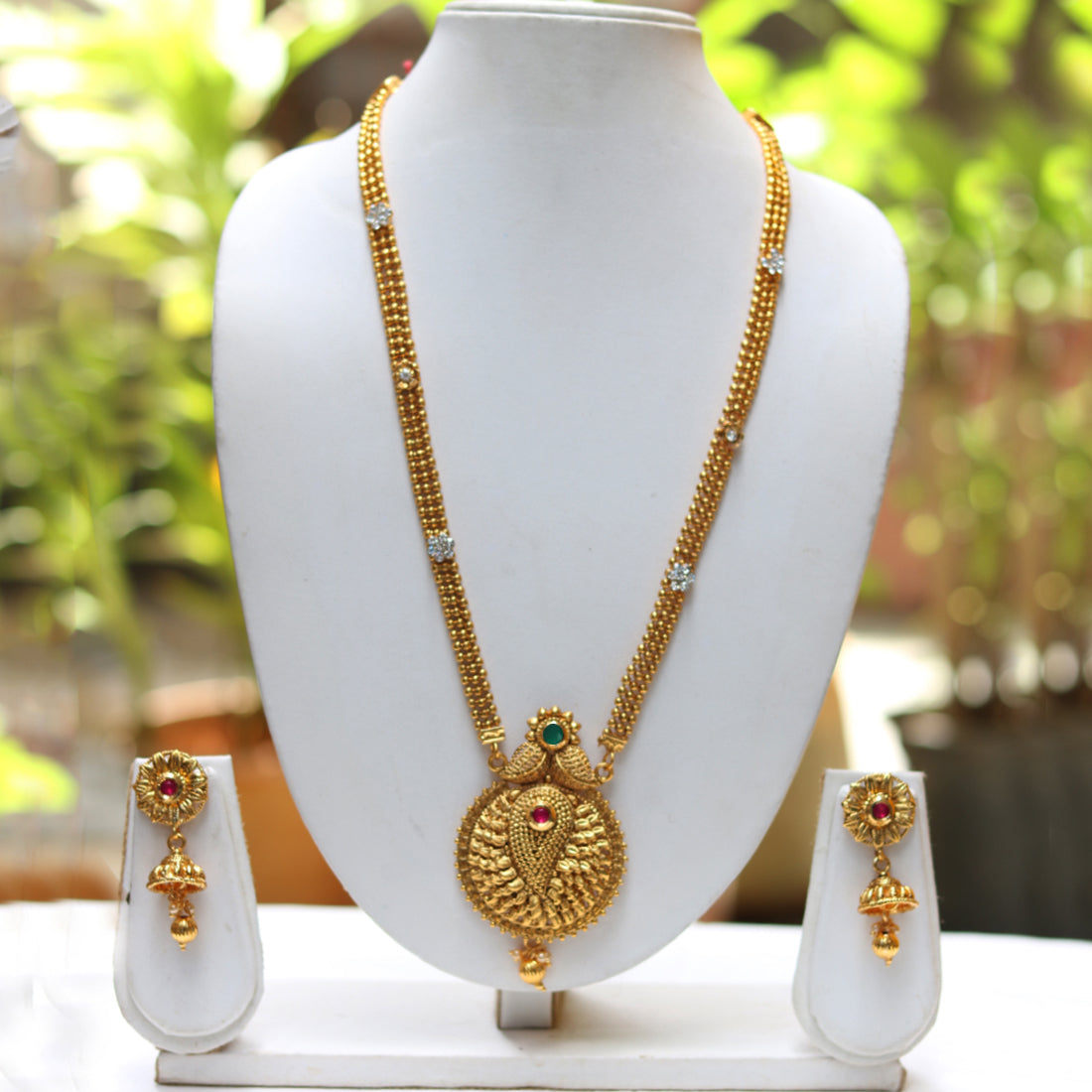 Gold Plated Round Mango Pendant Necklace With Jhumki