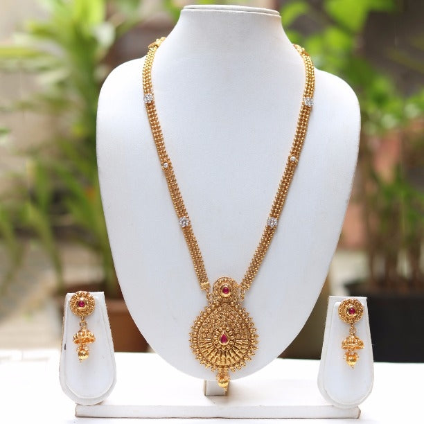 Gold Plated Long Chain Style Necklace With Jhumki