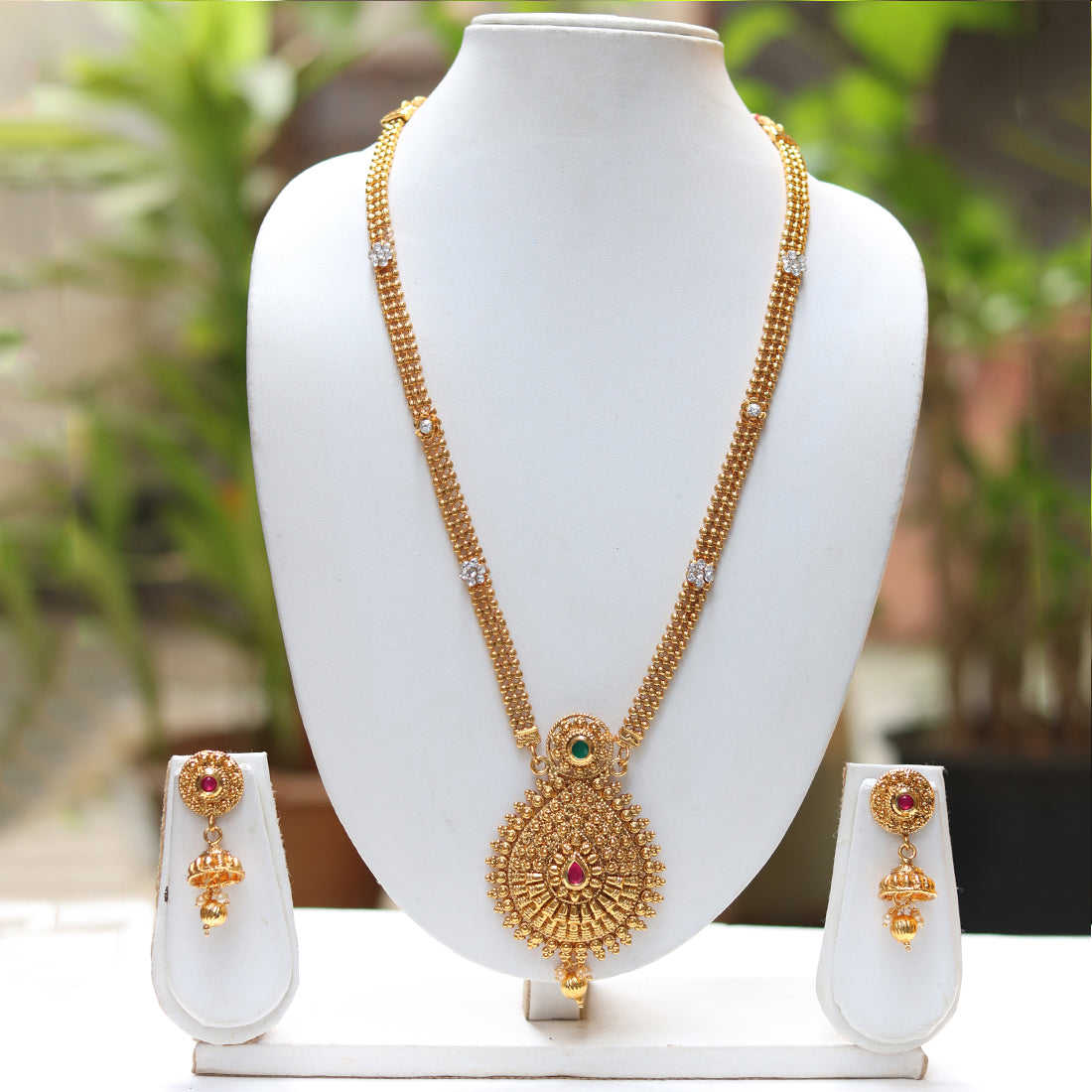 Gold Plated Long Chain Style Necklace With Jhumki