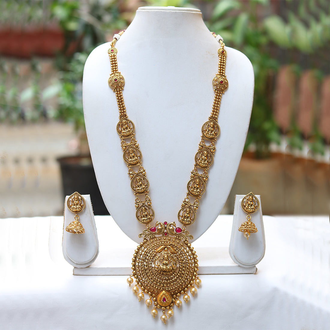 Beautiful Golden laxmi Peacock Long Necklace Set