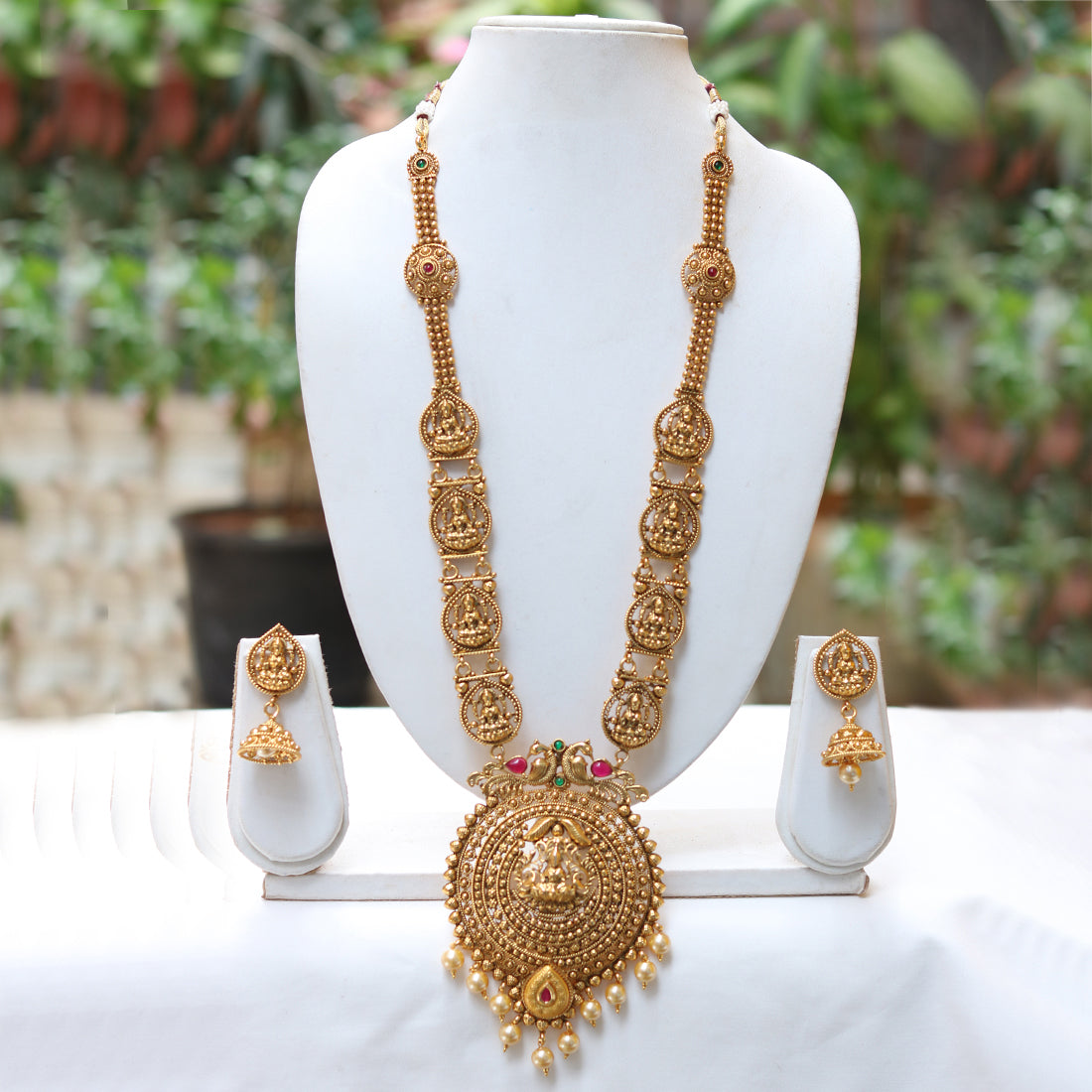 Beautiful Golden laxmi Peacock Long Necklace Set