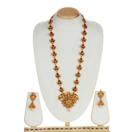 Ethnic Green Maroon Color Laxmi Design Long Necklace Set