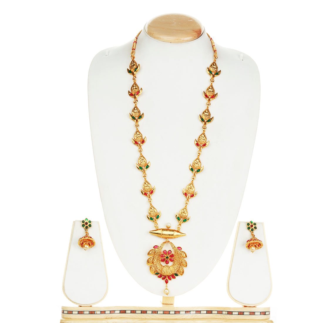 Catchy Green Maroon Color Drop Design Long Necklace Set