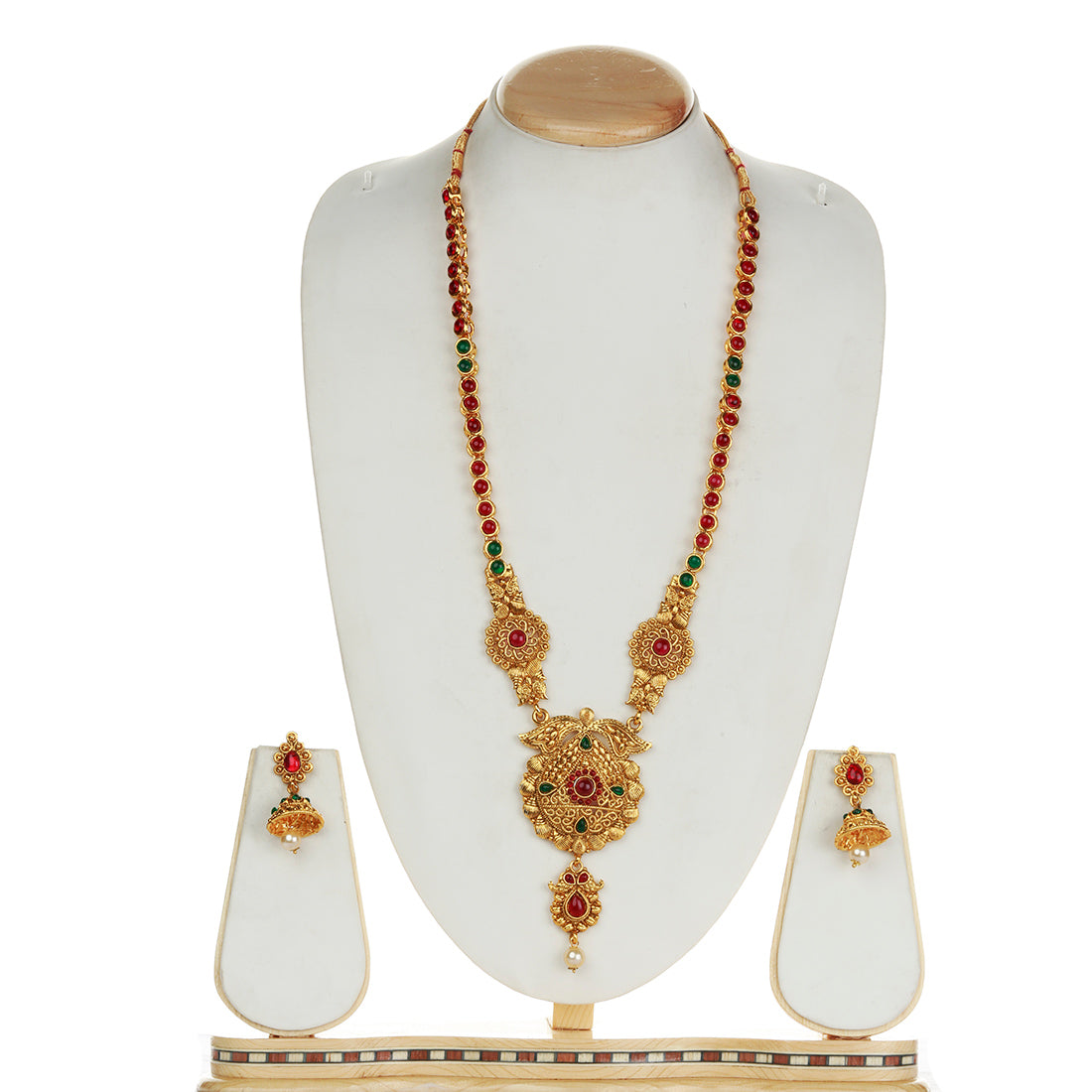 Catchy Drop Shape Design Green Maroon Long Necklace Set