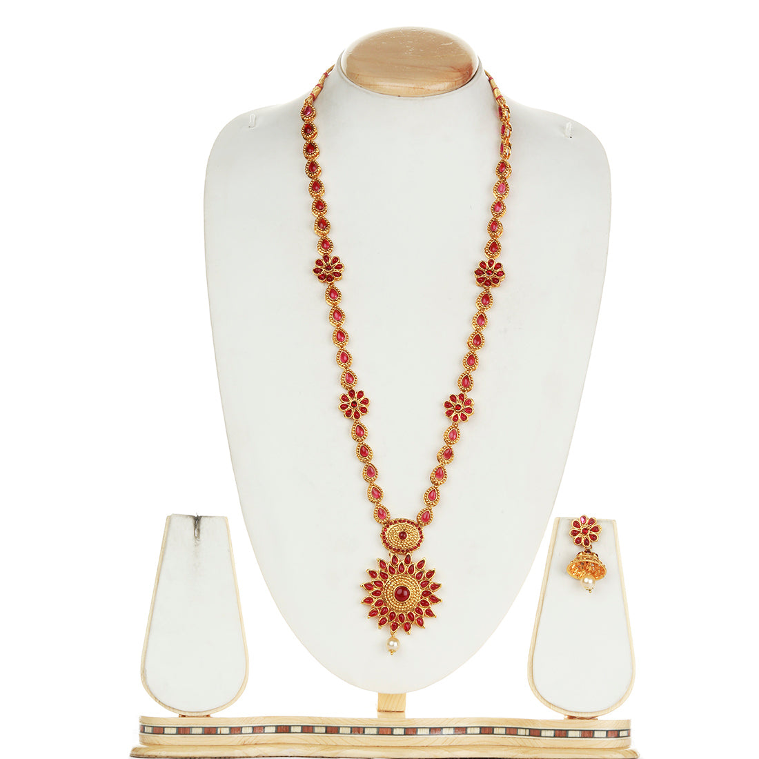 Shiny Flower Type Maroon Colour Long Necklace Set