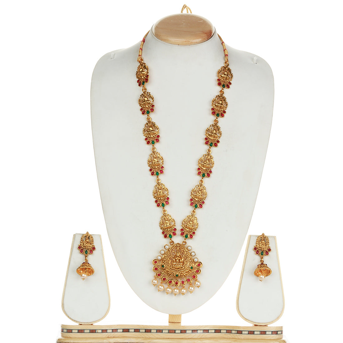 Fancy Laxmi Design Green Maroon Colour Long Necklace Set